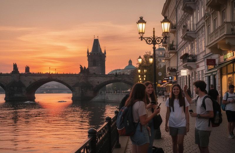Prague and Vienna streets at sunset